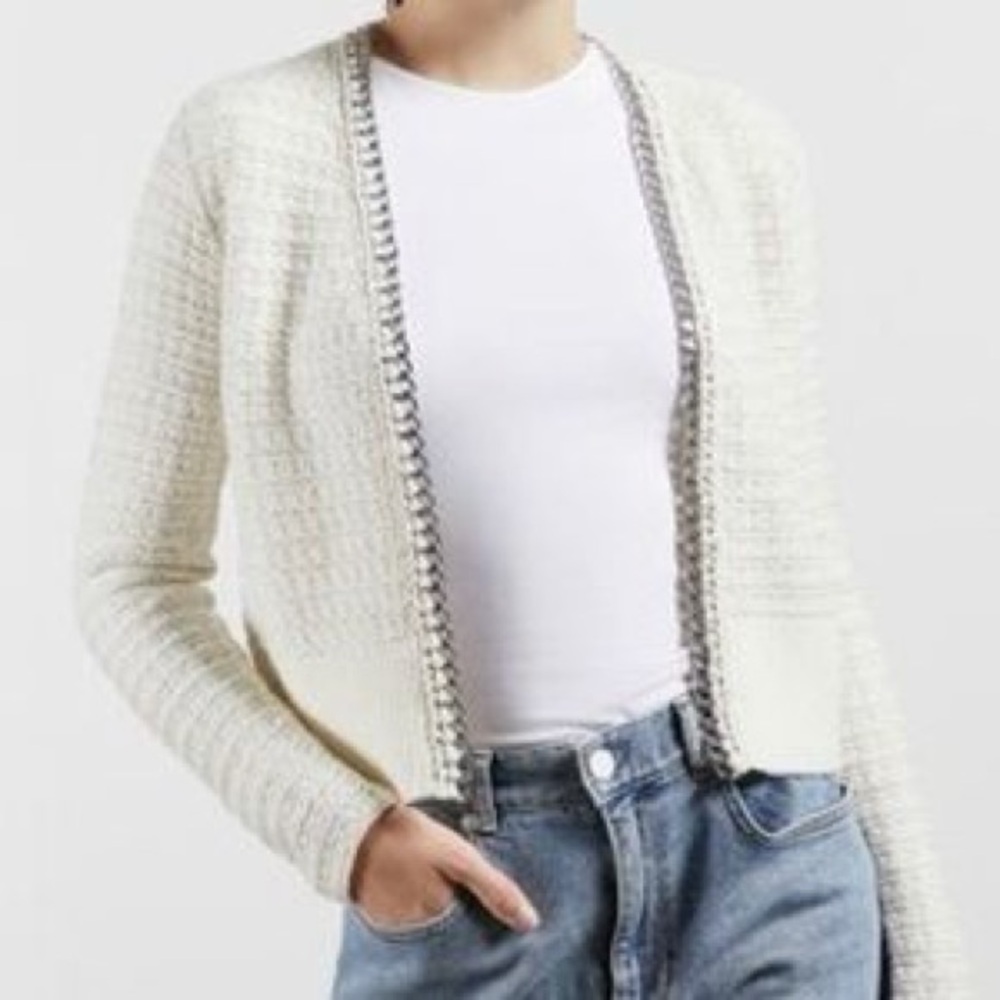 Elie Tahari Cream Cardigan with Silver Chain Trim Open Front Cardigan NWT Sz XS - Picture 2 of 8
